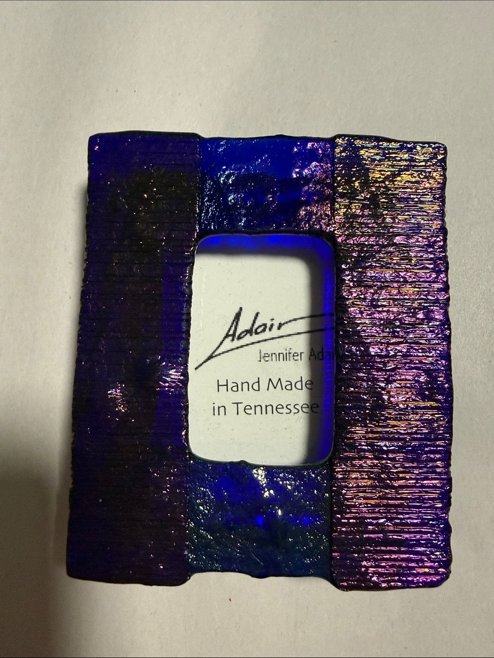 Handmade Iridescent Purple Blue Art Glass Frame Holds 2”x3” Picture